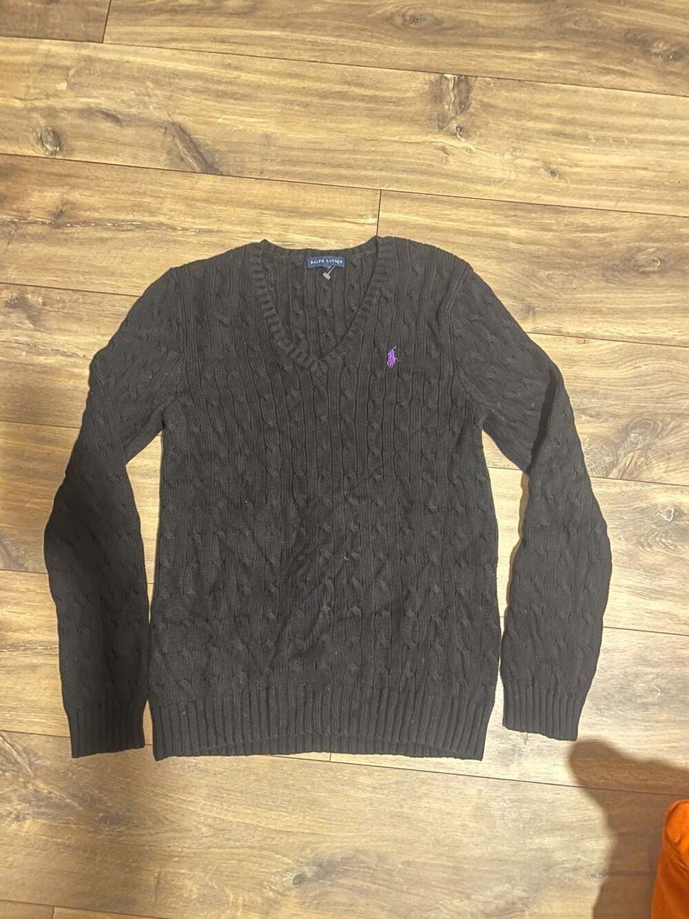 Ralph Lauren V-Neck Cable Knit Cotton Sweater in Black with Purple Pony